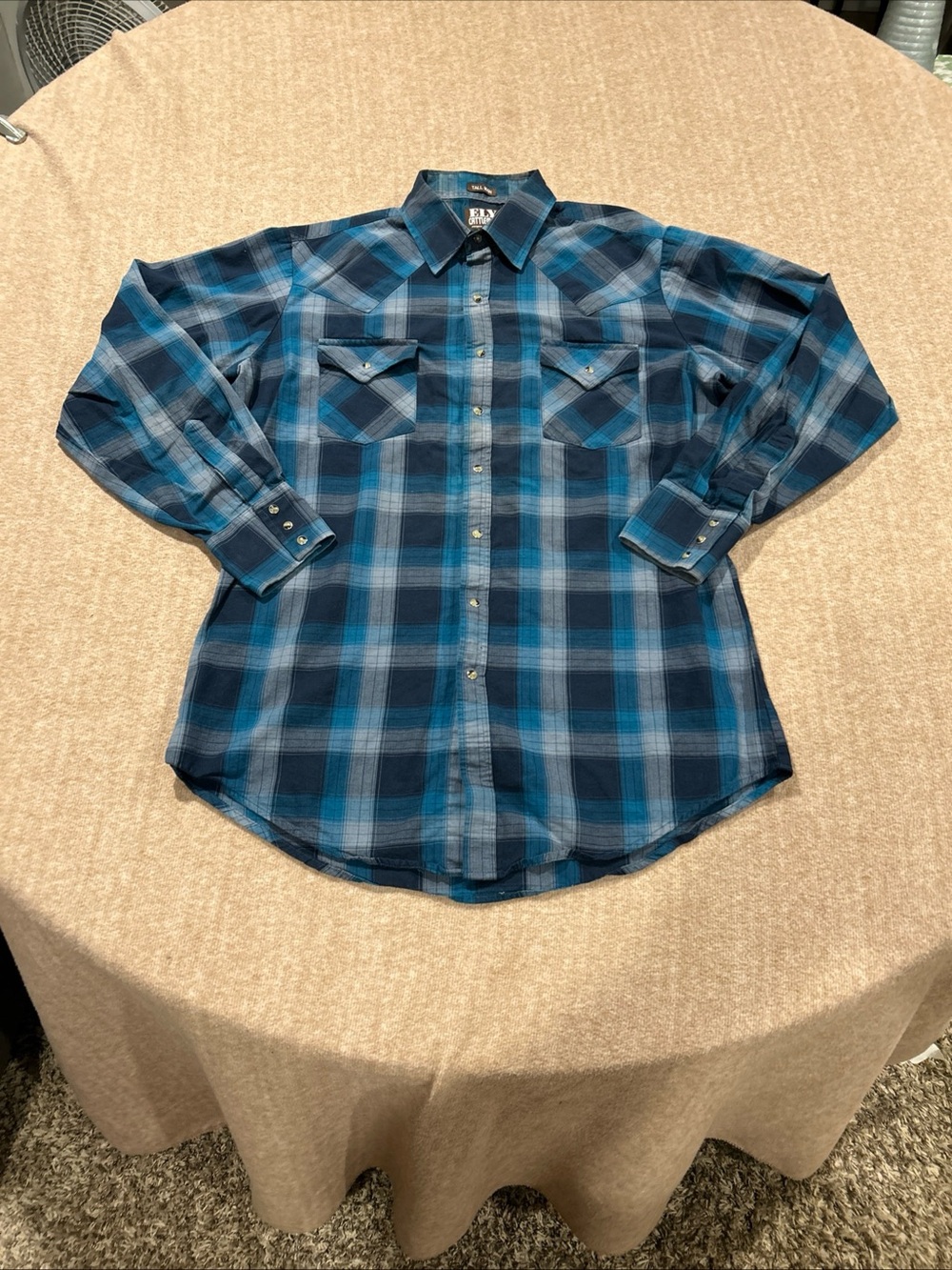 Ely Cattleman Pearl Snap Shirt Men's Size LT Blue Plaid Long-Sleeve Button-Up